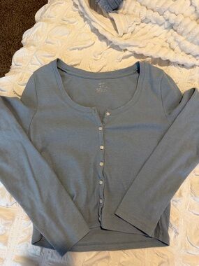 Aerie Women's Light Blue Ribbed Button-Front Top